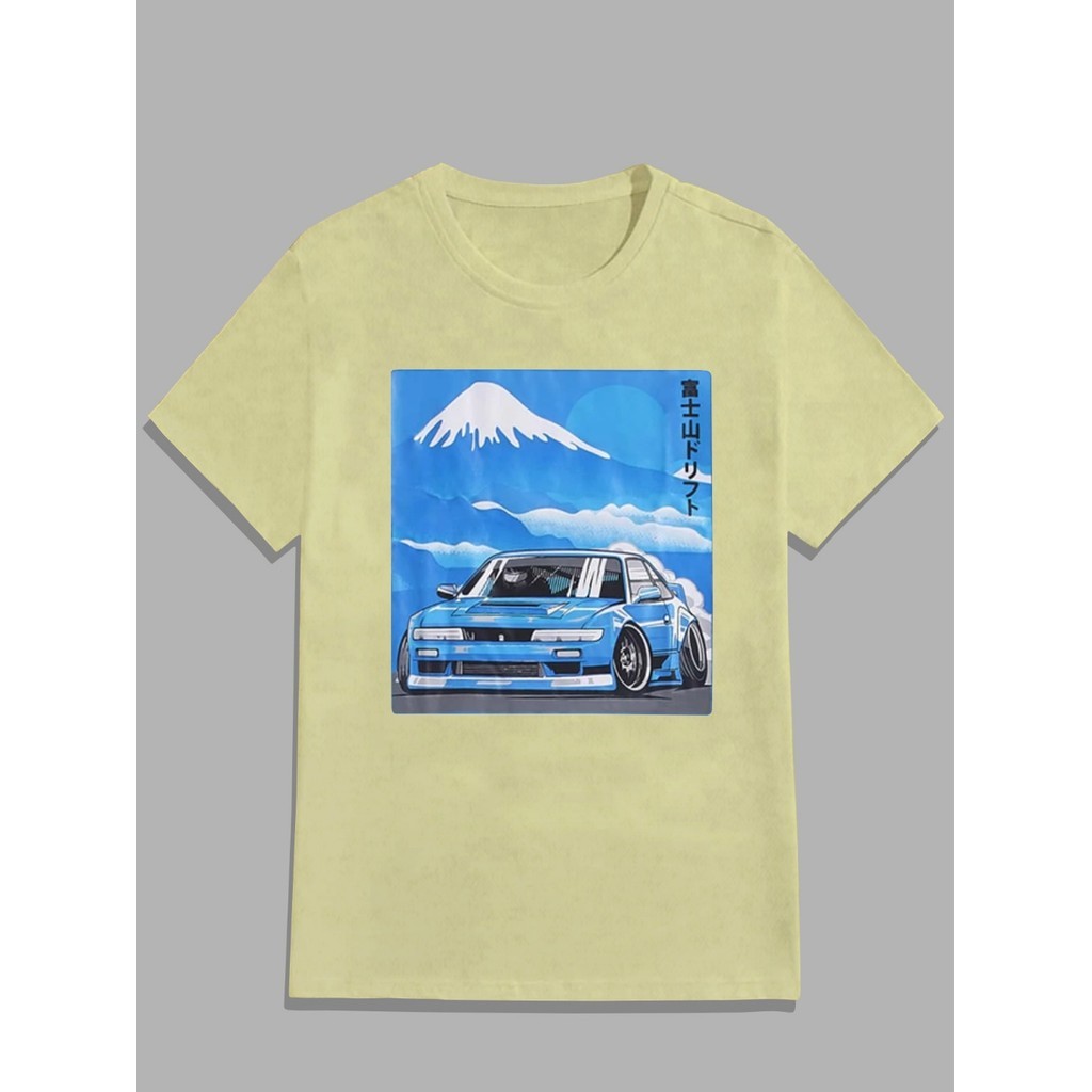 Camiseta Oversized Unissex Amarelo Estampado Carro Monte Fuji Aesthetic Blusa Masculina Old School