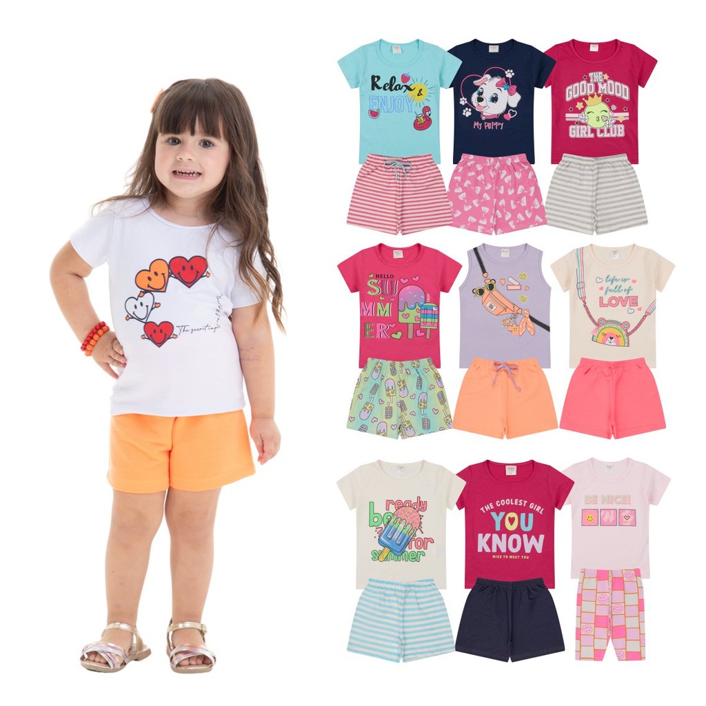Kit 4 Peças Roupas Bebê Menina 2 Camisetas + 2 Bermudas - Kit 2 Conjuntos Sortidos Moda Infantil Verão Bebê ou 2 Peças