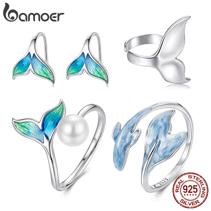 Bamoer 925 Prata Esterlina Anel Ajustável Sereia Guppy Moda Jóias Presente Feminino