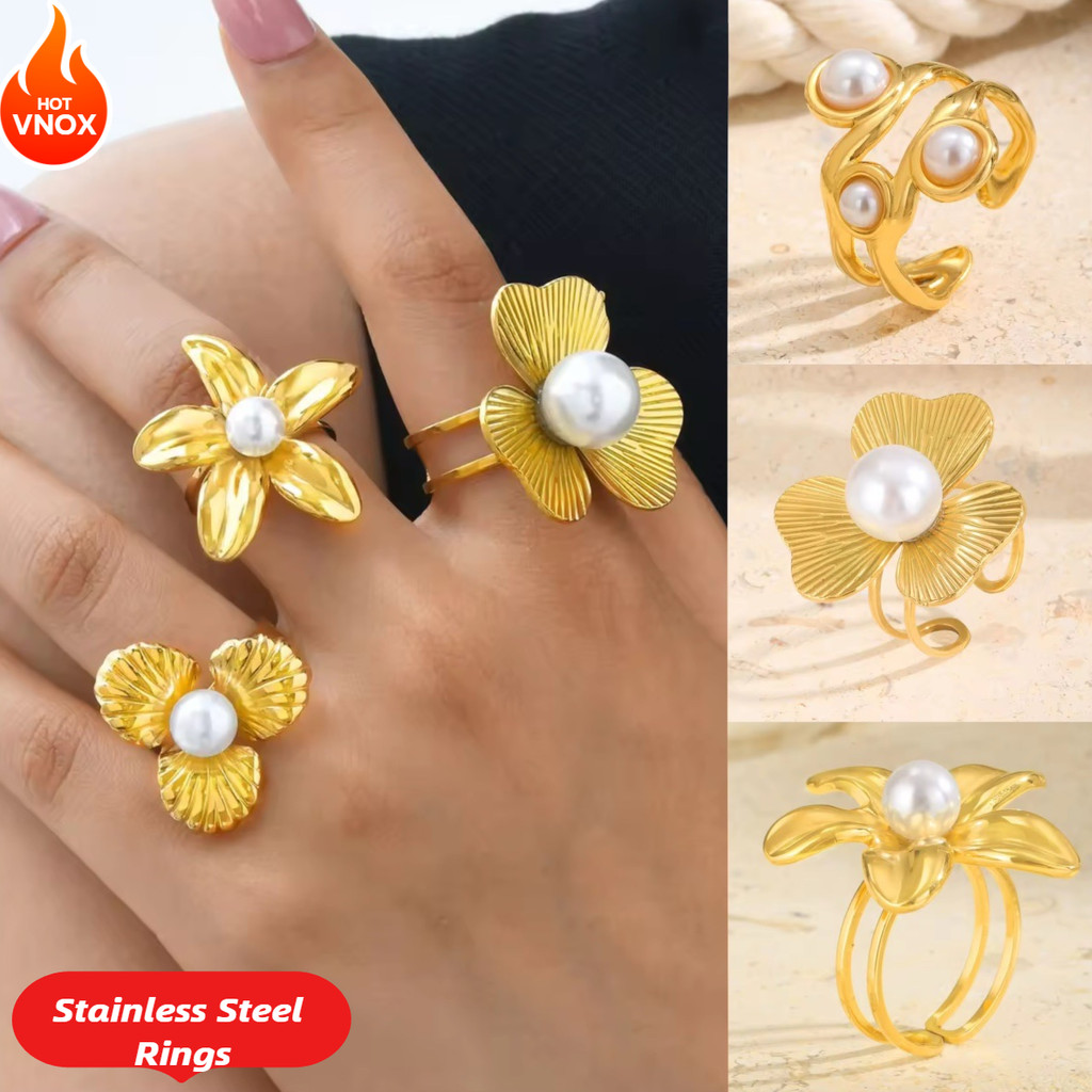 Anel De Flor De Trevo Em Forma De Coração De Pérola Vnox Para Mulheres , Da Sorte De Abertura De Aço Inoxidável Ouro 18k