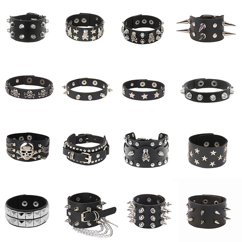 Venda Quente Vários Estilos Pulseiras De Couro Preto Mulher Homem Punk Moda Rebite Pulseira Acessórios em Oferta na Shopee