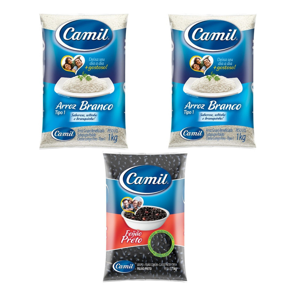Kit 2 Arroz Branco 1kg Tipo 1 Camil + 1 Feijão Preto 1kg Camil - PROMOÇÃO