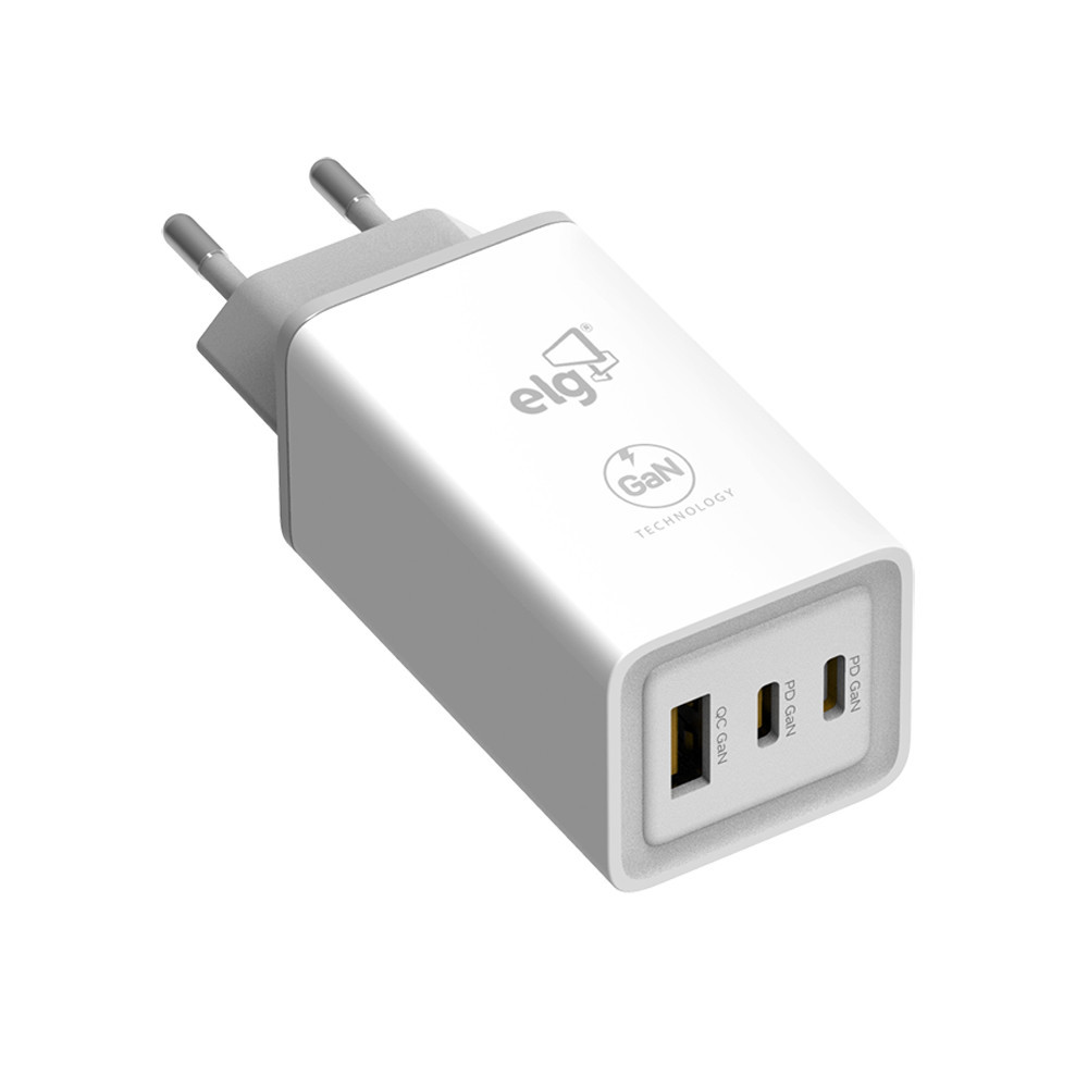 Carregador USB GaN, 3 Portas, 2 Tipo-C Power Delivery + USB-A QC 3.0, 65W, Branco, W65GAN, ELG