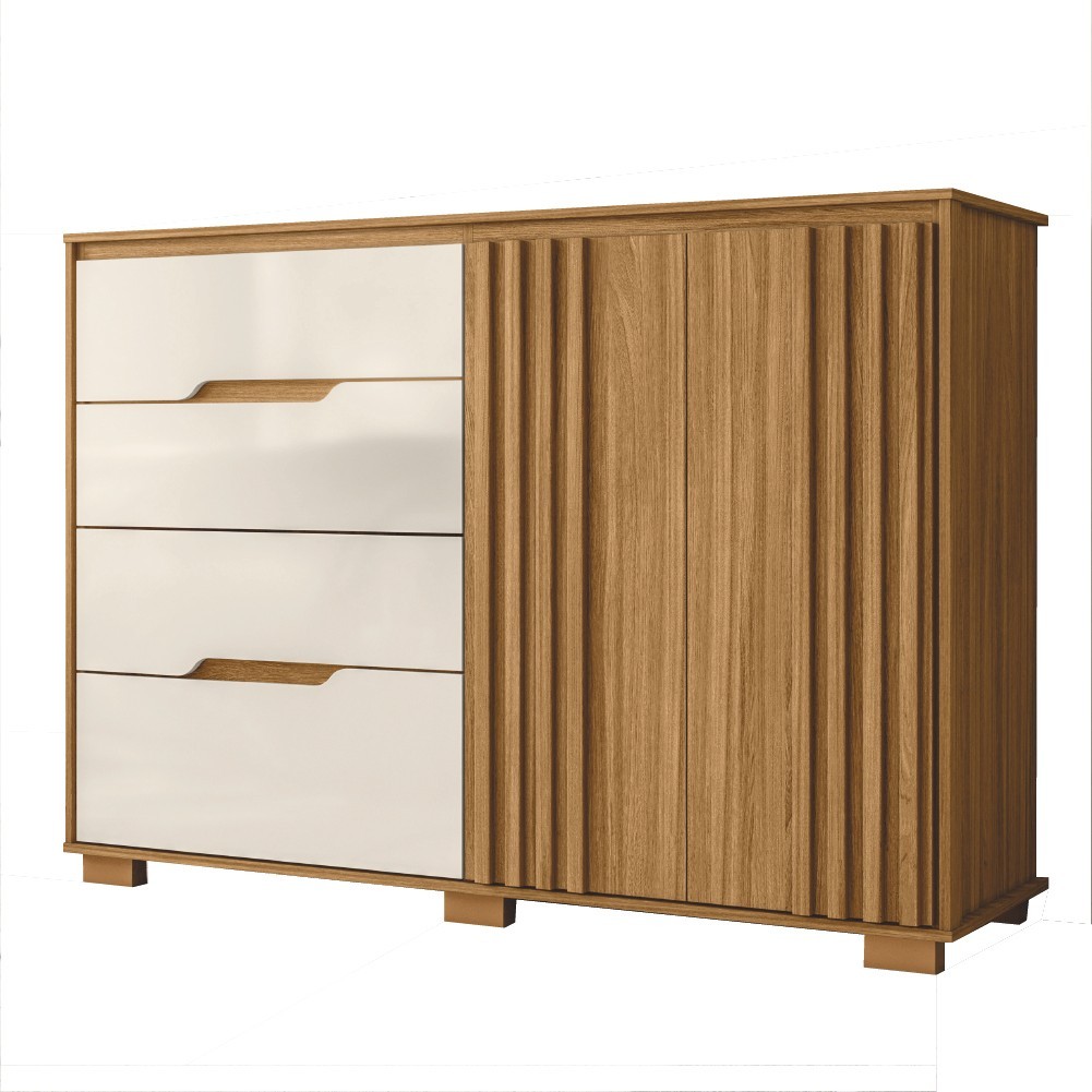 Cômoda 4 Gavetas 2 Portas Com Ripado Texas Freijó/Off White Moval - Home & Living