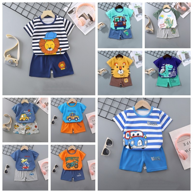 Conjunto De Roupas Para Bebês Meninos , Camiseta Com Estampa De Leões/Tigres/Carros/Dinossauros + Shorts 2 Peças Cri