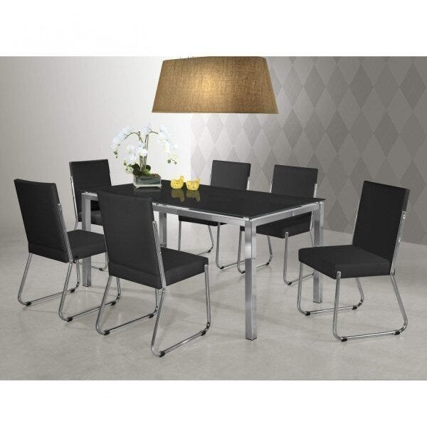 Conjunto Sala de Jantar Mesa Tampo de Vidro Olívia 6 Cadeiras Aço Yescasa Preto - Home & Living