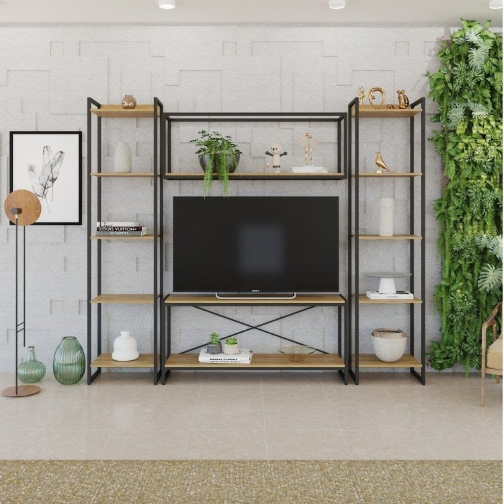 Estante para TV até 50 Polegadas 1 Nicho Aéreo 2 Estante Estilo Industrial Active Yescasa Marrom Mel