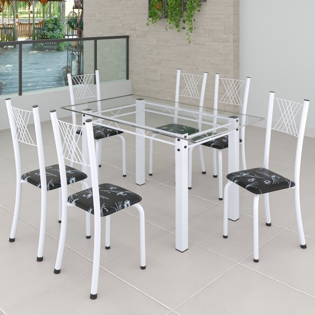 Conjunto de Jantar Mesa 140x75cm Tampo de Vidro Incolor com 6 Cadeiras Sara Yescasa Branco/Preto Floral em Oferta na Shopee