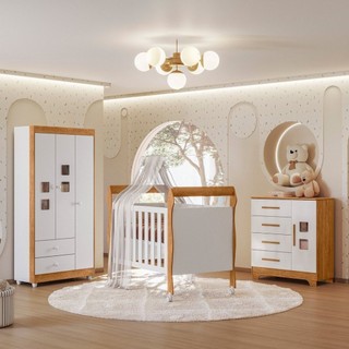 Quarto de Bebê Completo com Cômoda, Berço e Guarda Roupas Mila Branco/Amadeirado em Oferta na Shopee