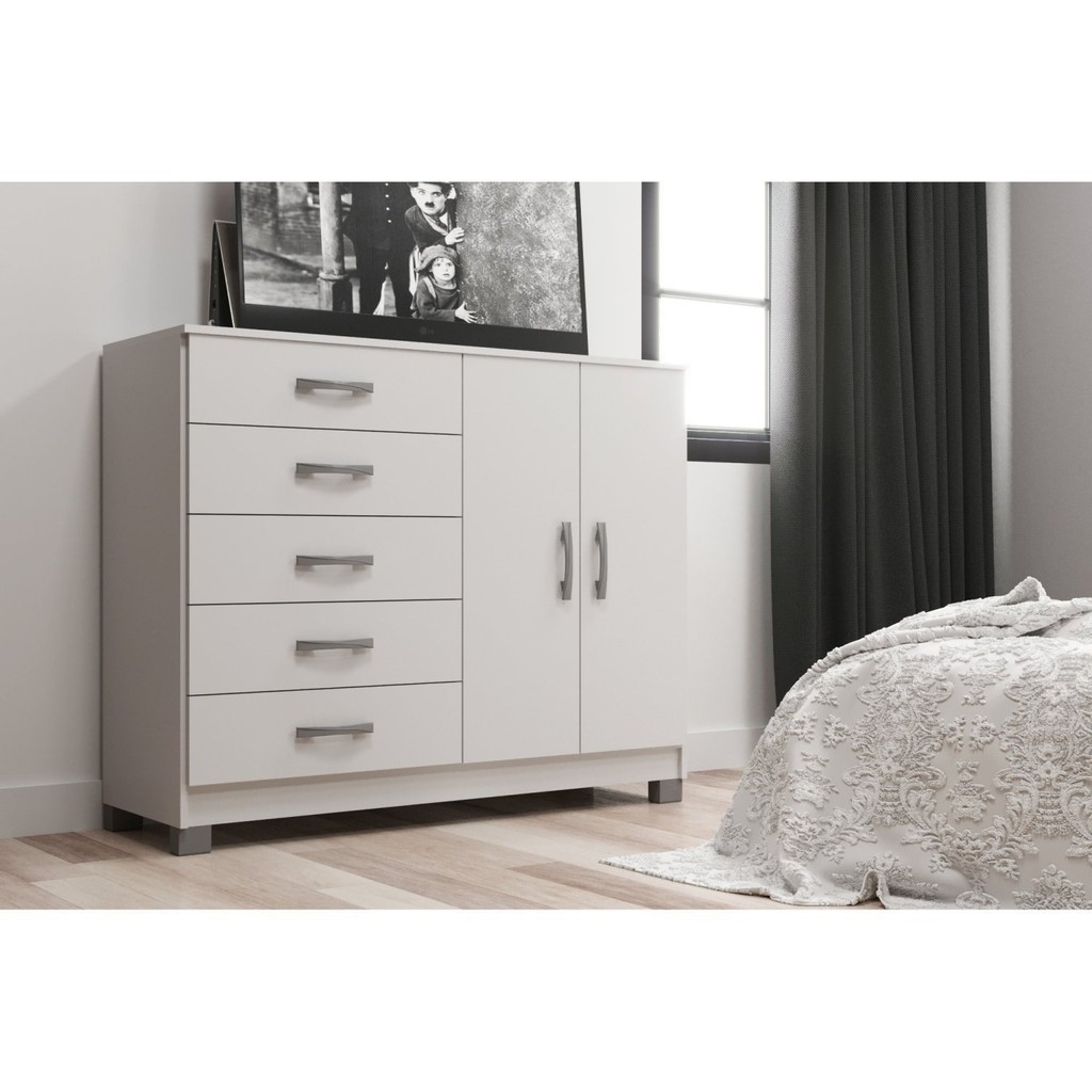 Cômoda 2 Portas 5 Gavetas Black  com Pés Branco - Home & Living