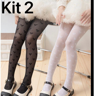 KIT2 Meia Calça Infantil Arrastão Coração Menina em Oferta na Shopee