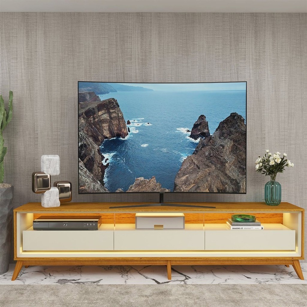 Rack para TV até 90 Polegadas com LED e Pés Madeira Maciça 260cm 100% MDF Requinte Naturale/Off White - Home & Living