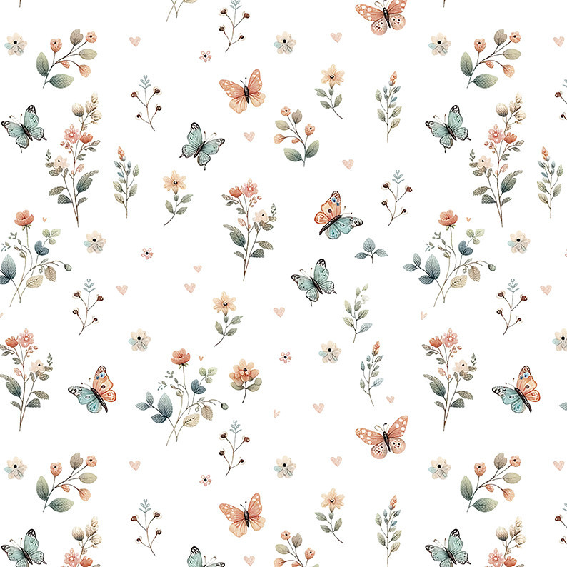 Tecido Tricoline Digital Flores e Borboletas, 50cm x 1,50mt