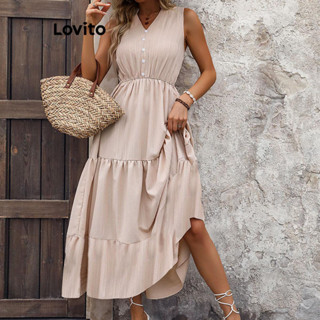 Lovito Vestido Feminino Elegante Com Babados Na Frente E Botão Liso LNL48068