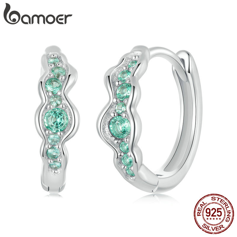Brincos Bamoer 925 Sterling Sliver Hoop De Onda Verde Design Jóias Presentes Para Mulheres