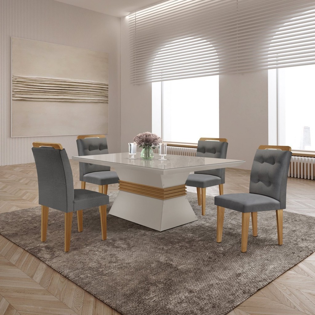 Mesa Clarice 120 Tp Mdf Vidro/canto Reto 4 Cad Valentina Linho Grafite/Off White/Imbuia - Home & Living