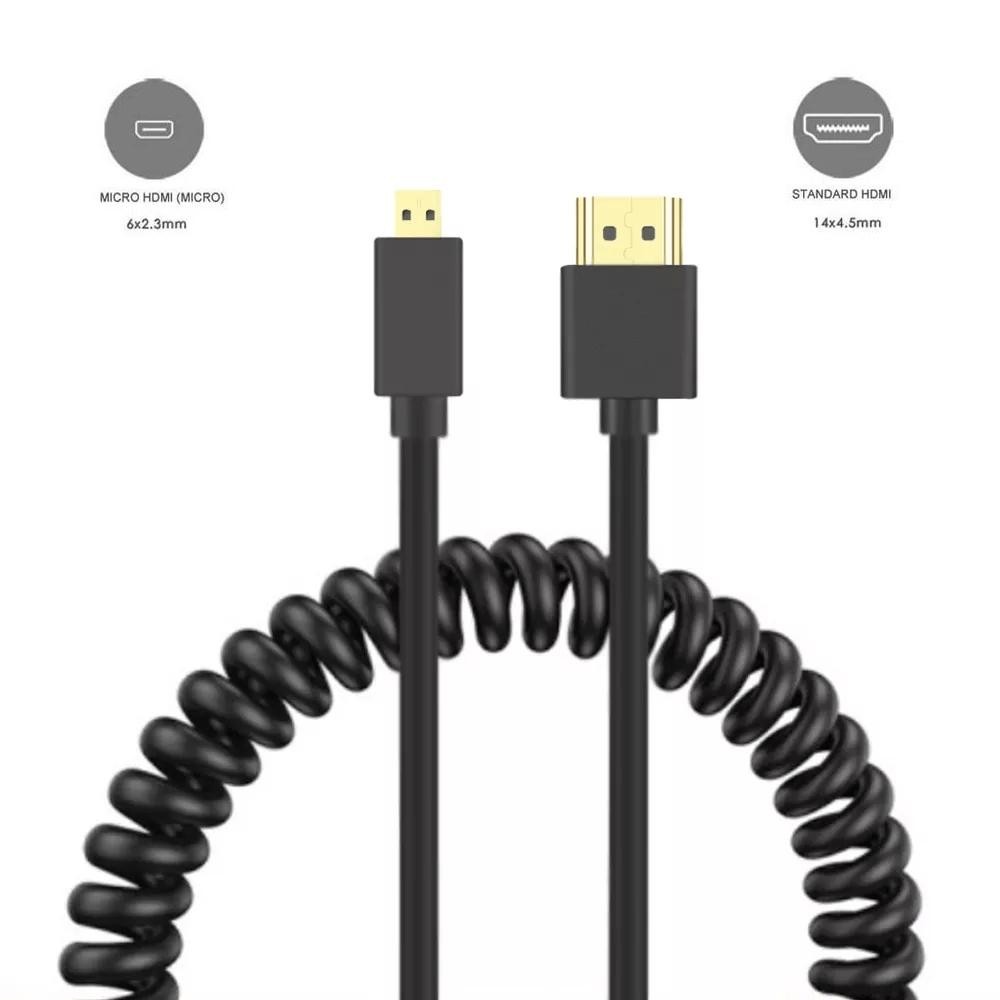 Cabo Espiral HDMI 2.0 Tipo A x Micro HDMI Tipo D 4K para Câmeras (30–60cm)