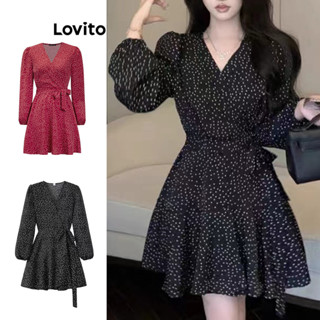 Lovito Casual Vestido Feminino de Bolinhas Cruzado com Manga Bufante LNE27238 (Multicolorido)