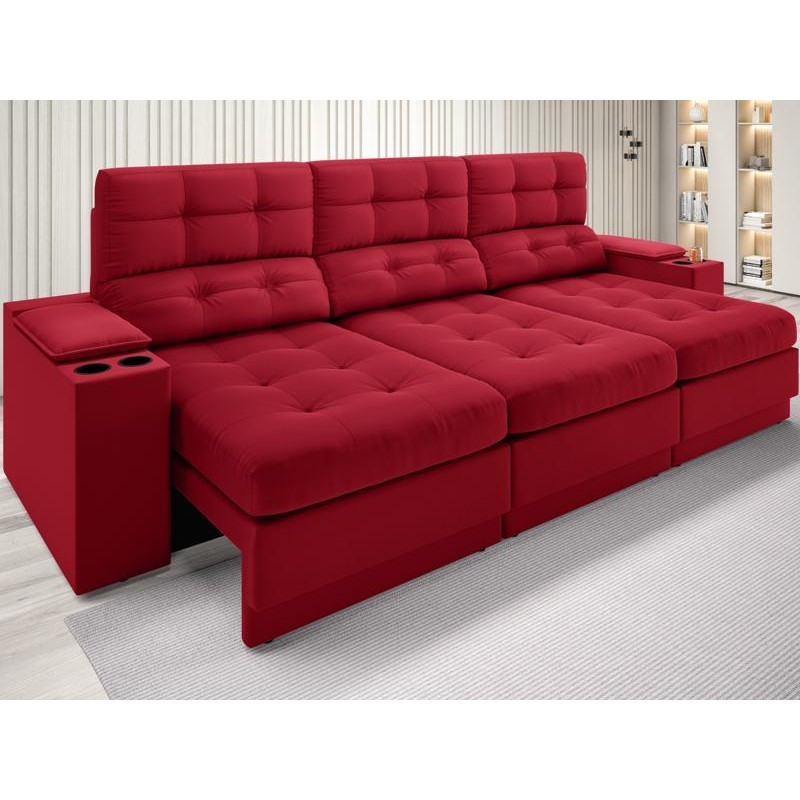 Sofá com Porta Copos e Carregador USB Eureka 2,30m  Assento Retrátil e Reclinável Velosuede Vermelho - NETSOFAS em Oferta na Shopee