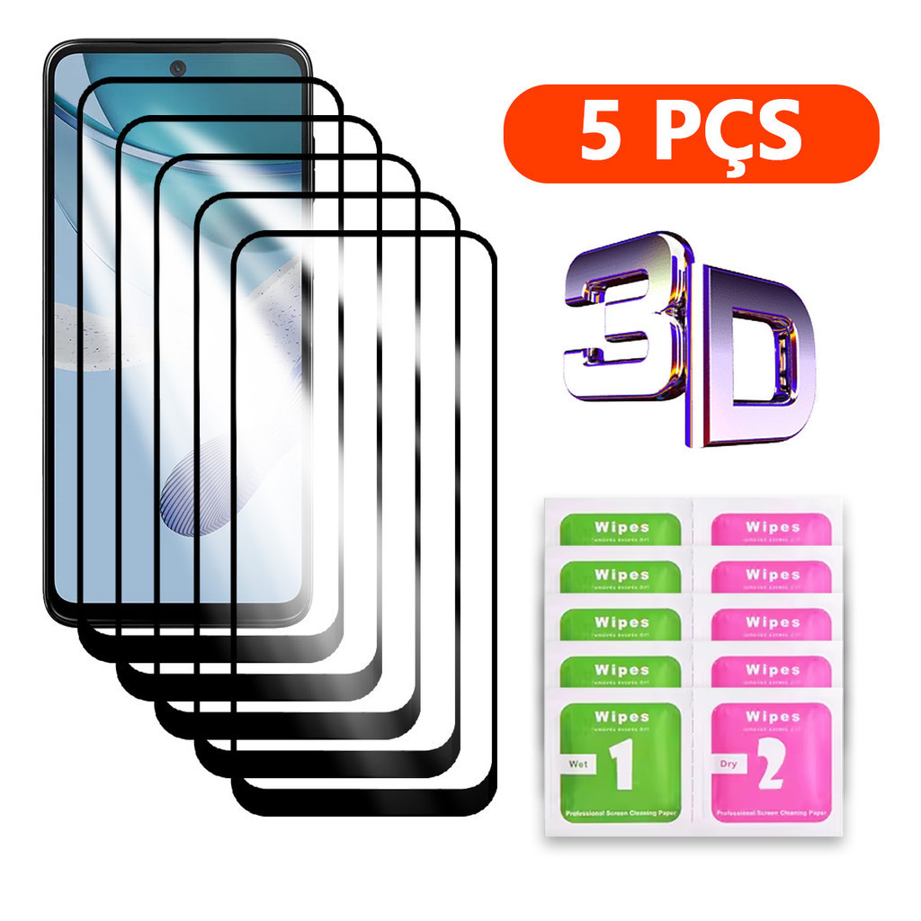 Kit 5 Película 3D Vidro Temperado Para Motorola Moto G84 G54 G34 G24 G14 G04 G73 G53 G23 G13 G82 G52 G62 G42 G32 G22 G71 G51 G31 G41 G60 G50 G30 G20 G10 G100 G200 G8 G9 Plus Power Lite