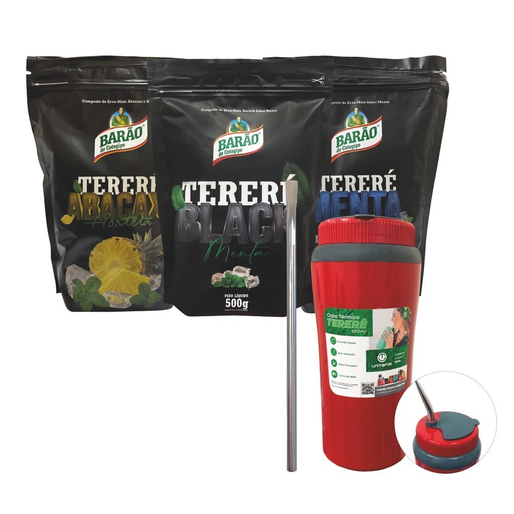 Kit de 3un Erva Mate Tereré Barão de Cotegipe Premium 500g Copo Térmico Unitermi 650ml