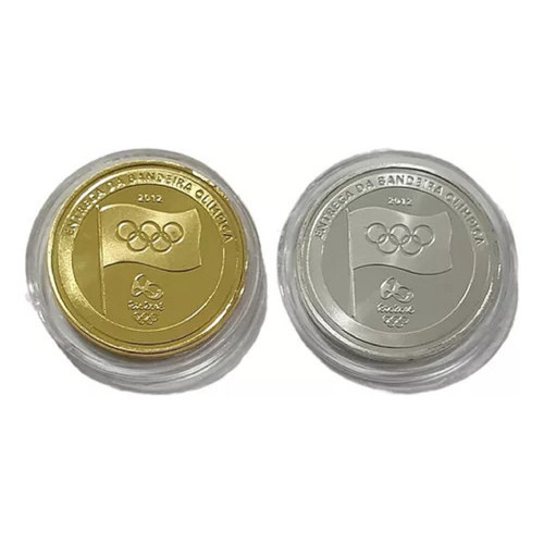 Kit 2 Medalhas Moeda Entrega Da Bandeira Olímpica Ouro Prata