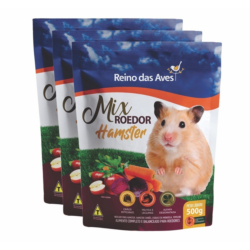 Kit 3un Racao Para Hamster Gold Mix 500g Reino Das Aves