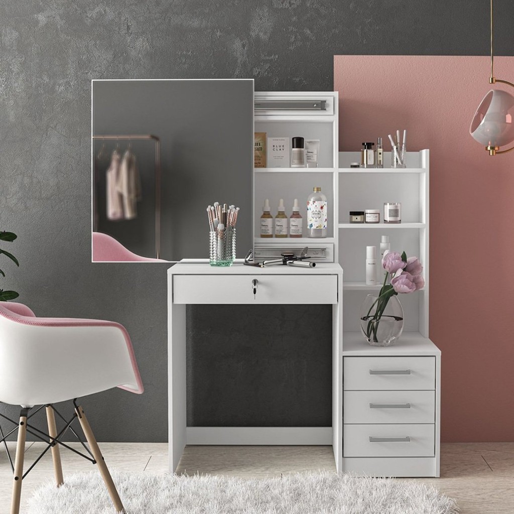 Penteadeira 4 Gavetas com Espelho Deslizante e Nichos Helena Yescasa em Oferta na Shopee