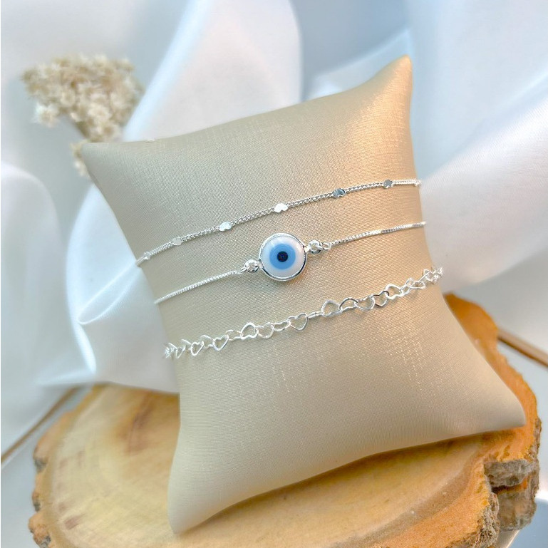 KIT 3 Pulseira prata 925 Feminina Olho Grego +Pulseira Riviera Cristal Zircônia + Pulseira Com Coração  banhado a prata 925