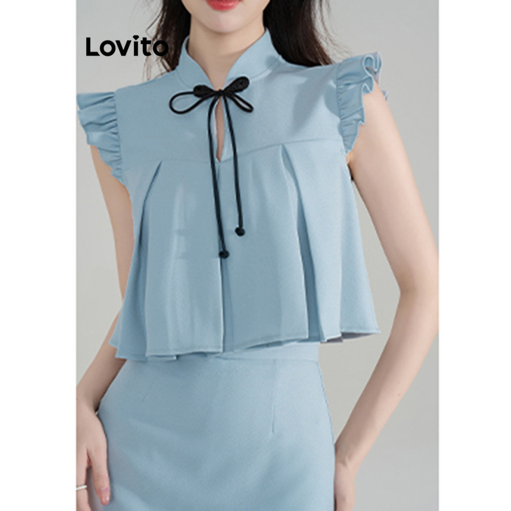 Detalhes do Lovito Conjunto Feminino Saia Casual Lisa Plissada Drapeada Com Laço L94AD181