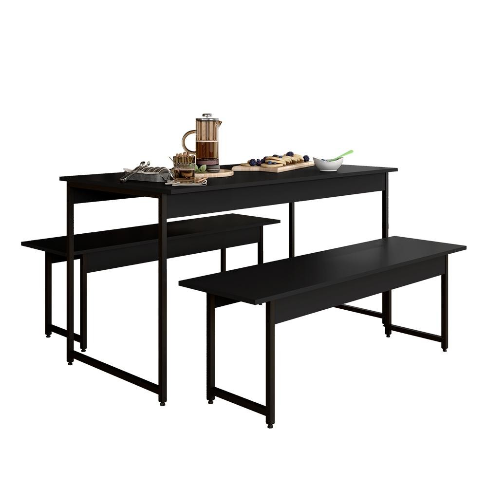 Conjunto Mesa Com 2 Bancos Estilo Industrial Lugano Preto Fosco - M.a - Home & Living