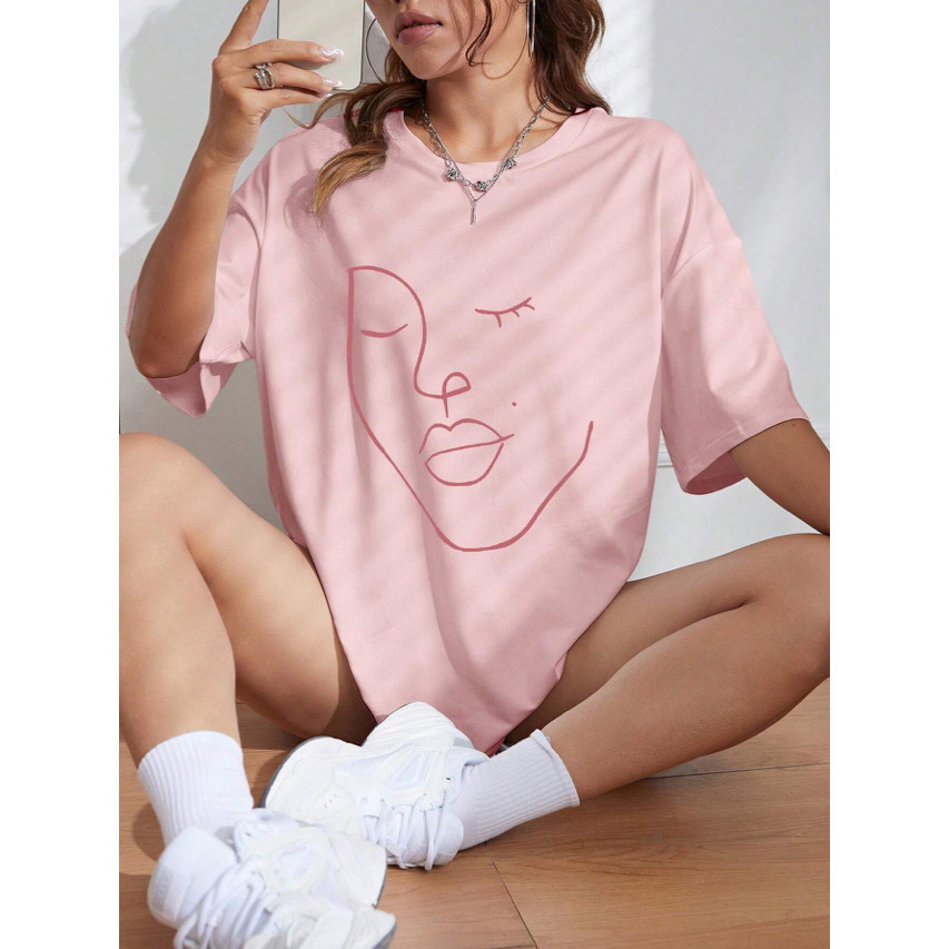 Camiseta Oversized Feminina Larga Academia Estampada Desenho Feminino Blusa Minimalista
