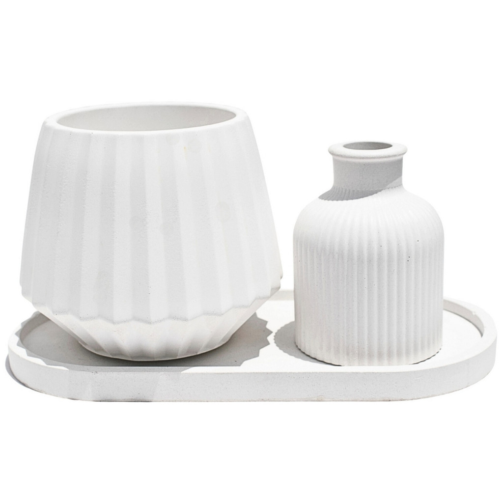 Vaso decorativo kit 3pçs Vaso Diamante e Mini Garrafa Listrada e Bandeja Oval Clássica