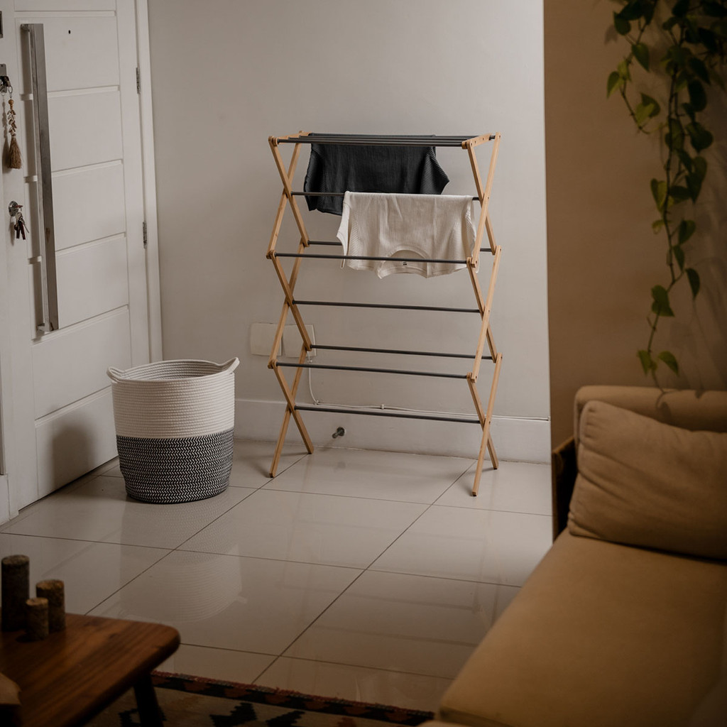 Detalhes do Varal vertical de chão Dobrável Em Bambu Com Hastes Metálicas 3 andares - Simplo