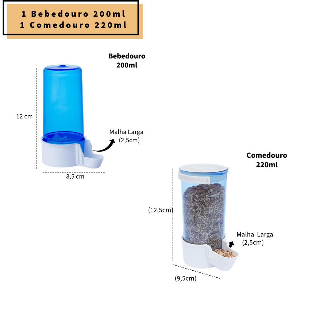 Kit Malha Larga - 1 Comedouro Automatico 220ml + 1 Bebedouro Automatico 200ml Calopsita Agapornes Aves Diversas