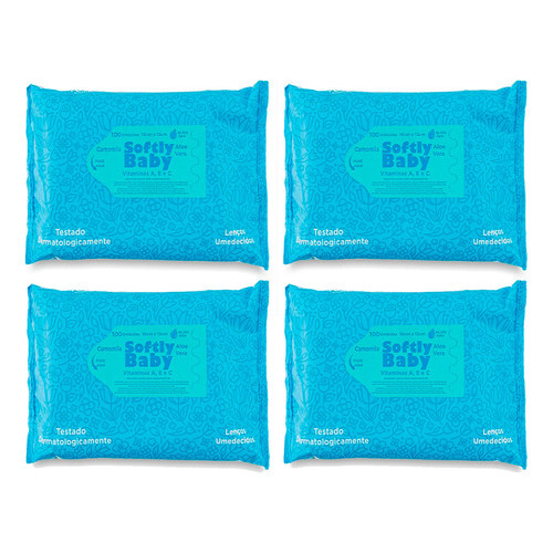 Lenços Umedecidos Higiene Limpeza Banho Bebê Softly Baby 4 pacotes de 100 Unidades Vitaminas A C E Aloe Vera Camomila