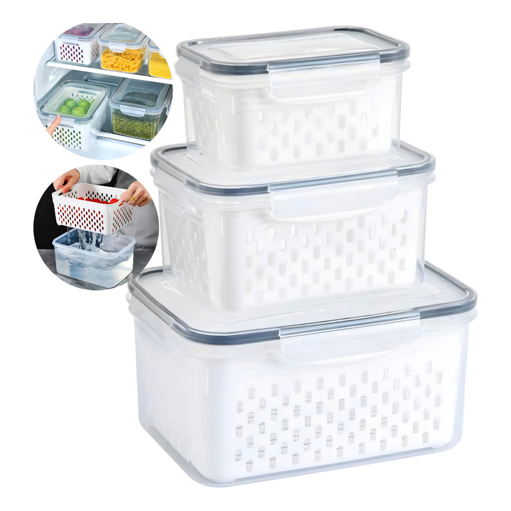Kit 3 Organizador De Geladeira Porta Mantimentos Hermético Escorredor Alimentos Vegetais