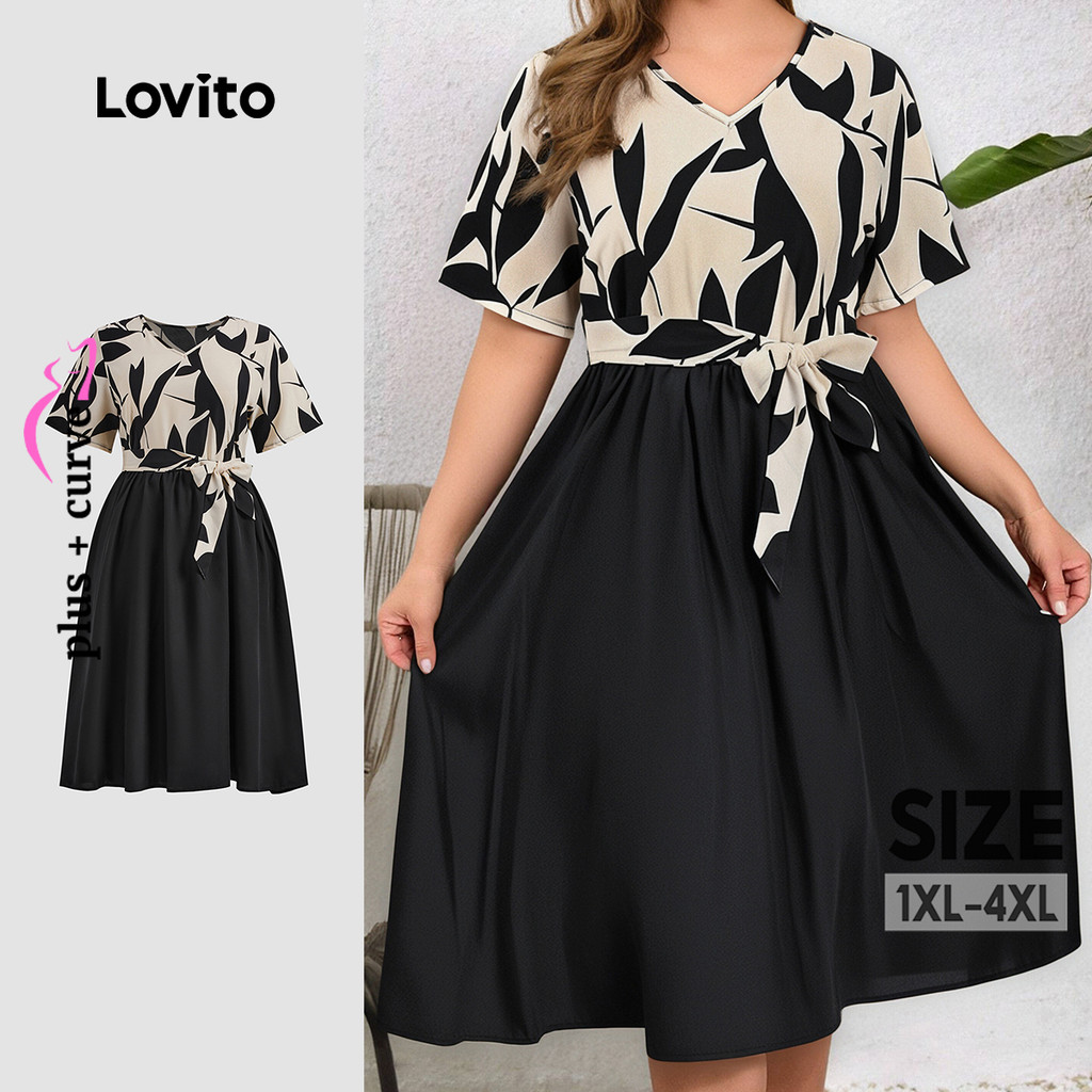 Lovito Vestido Feminino Plus Size Estampa De Plantas Elegantes Cinto Costura De Tecido Para Verão/primavera LBL22179 em Oferta na Shopee