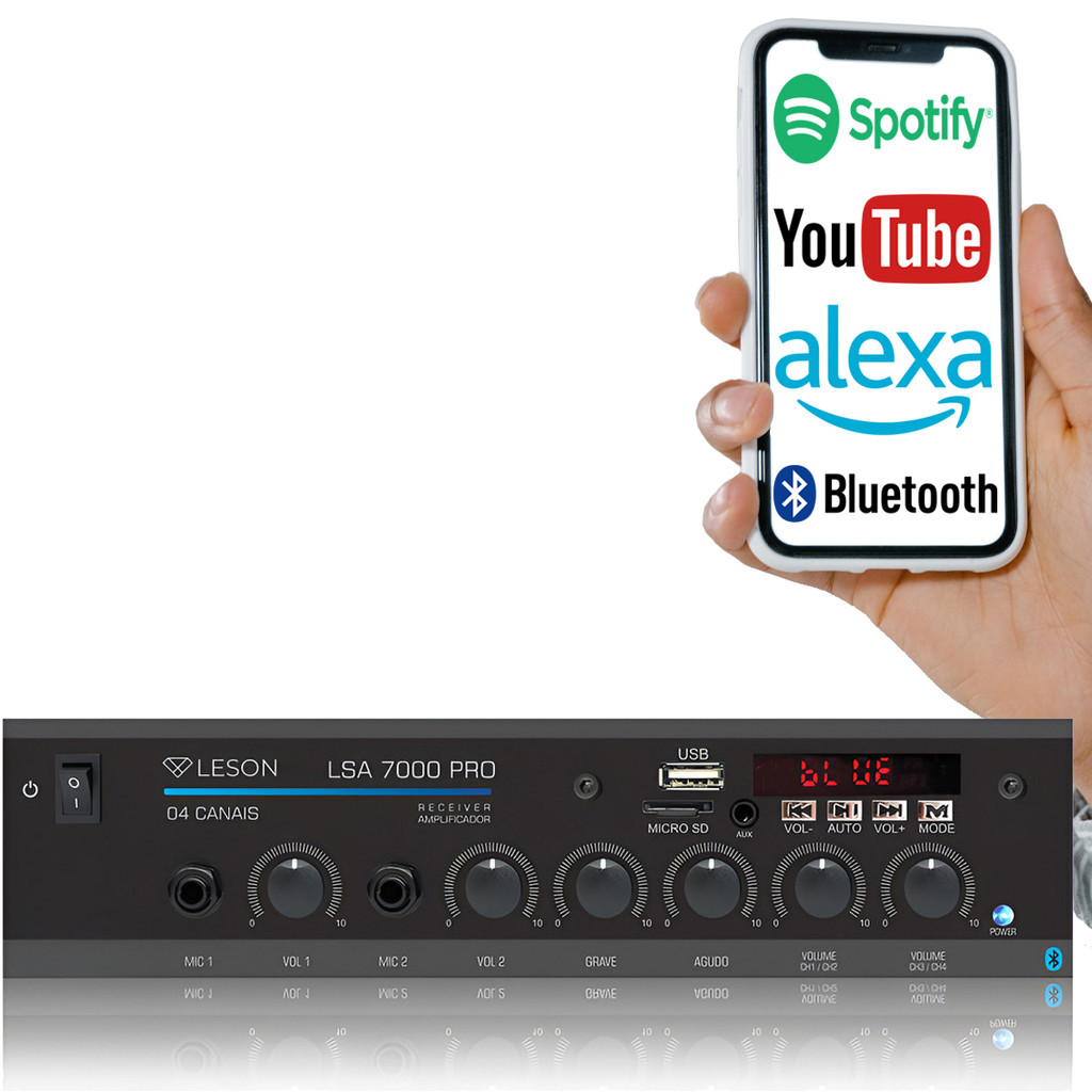 Receiver Amplificador Som Ambiente LSA7000 Orion Leson 480w Bluetooth Usb Aux 4 Canais 2 Mic