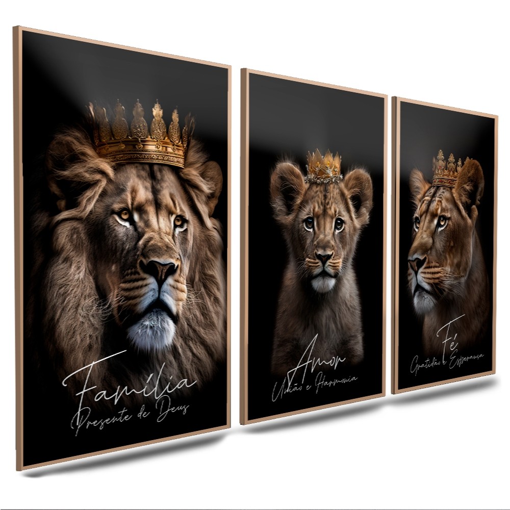 Kit quadros decorativos família de leões 3 peças Família Fé e Gratidão para sala quartos