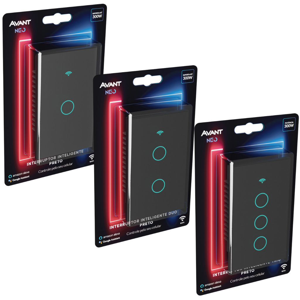 Kit 3 de Interruptores Inteligente Touch WiFi de 1, 2 e 3 Botões Preto- Avant Neo - Home Appliances