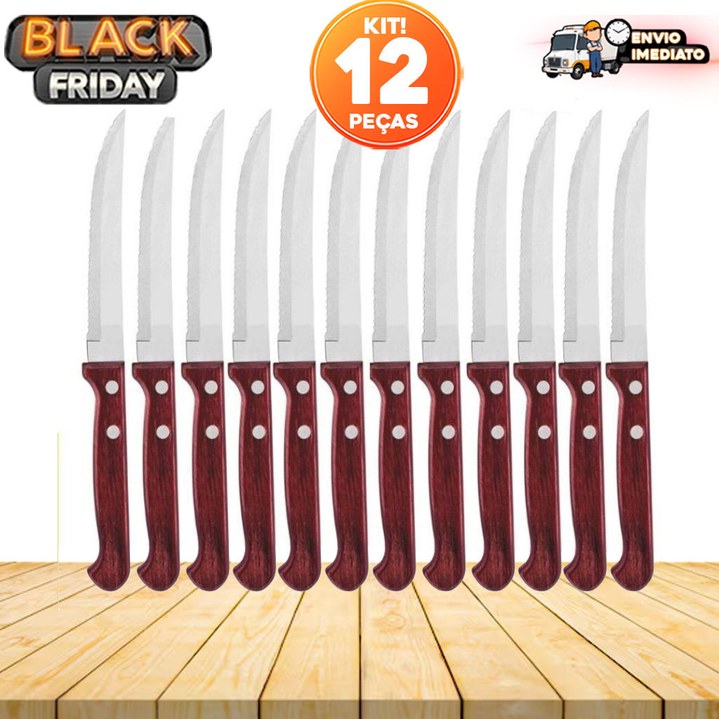 Jogo com 12 Facas de Mesa em Aço Inox com Cabo de Madeira – Ideal para Casa, Restaurantes e Churrascarias