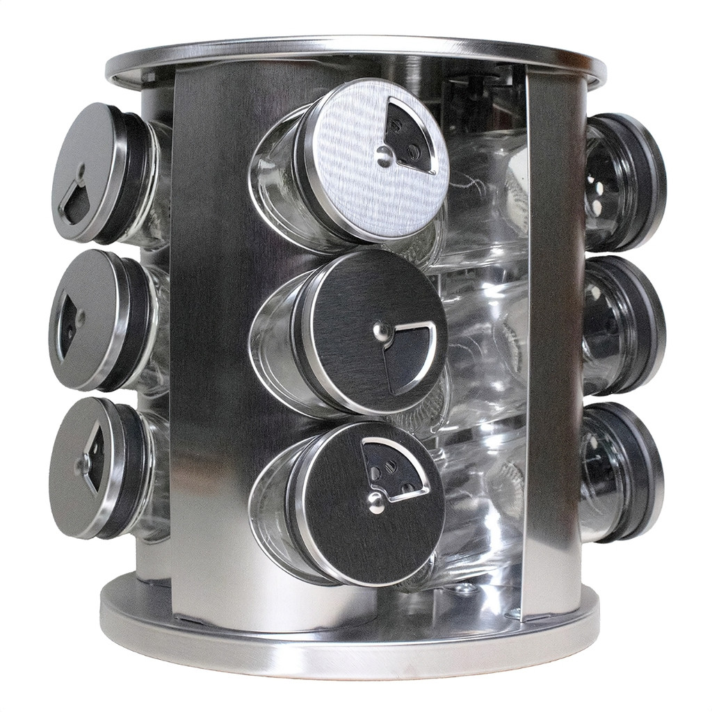 Porta Tempero Condimentos Giratório em Aço Inox com 12 Potes de Vidro - Home & Living