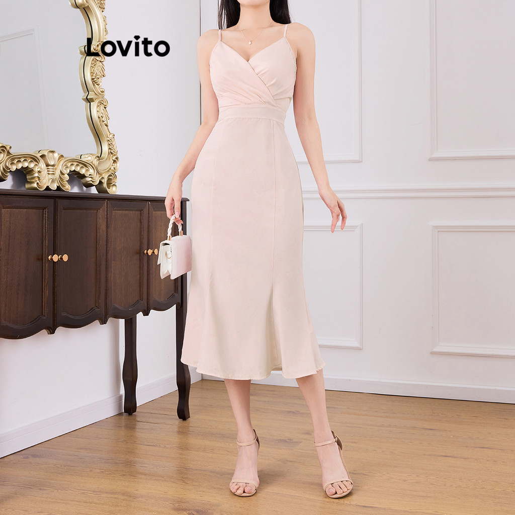Lovito Vestido Casual liso plissado para mulheres L121MD074 - Women Clothes