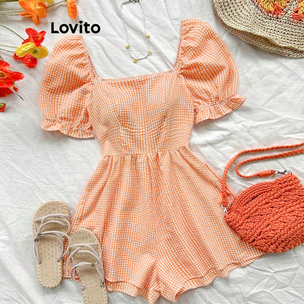 Lovito Macacão Casual Xadrez Jacquard Smocked Macacão Para Mulheres L106AD089 - Women Clothes