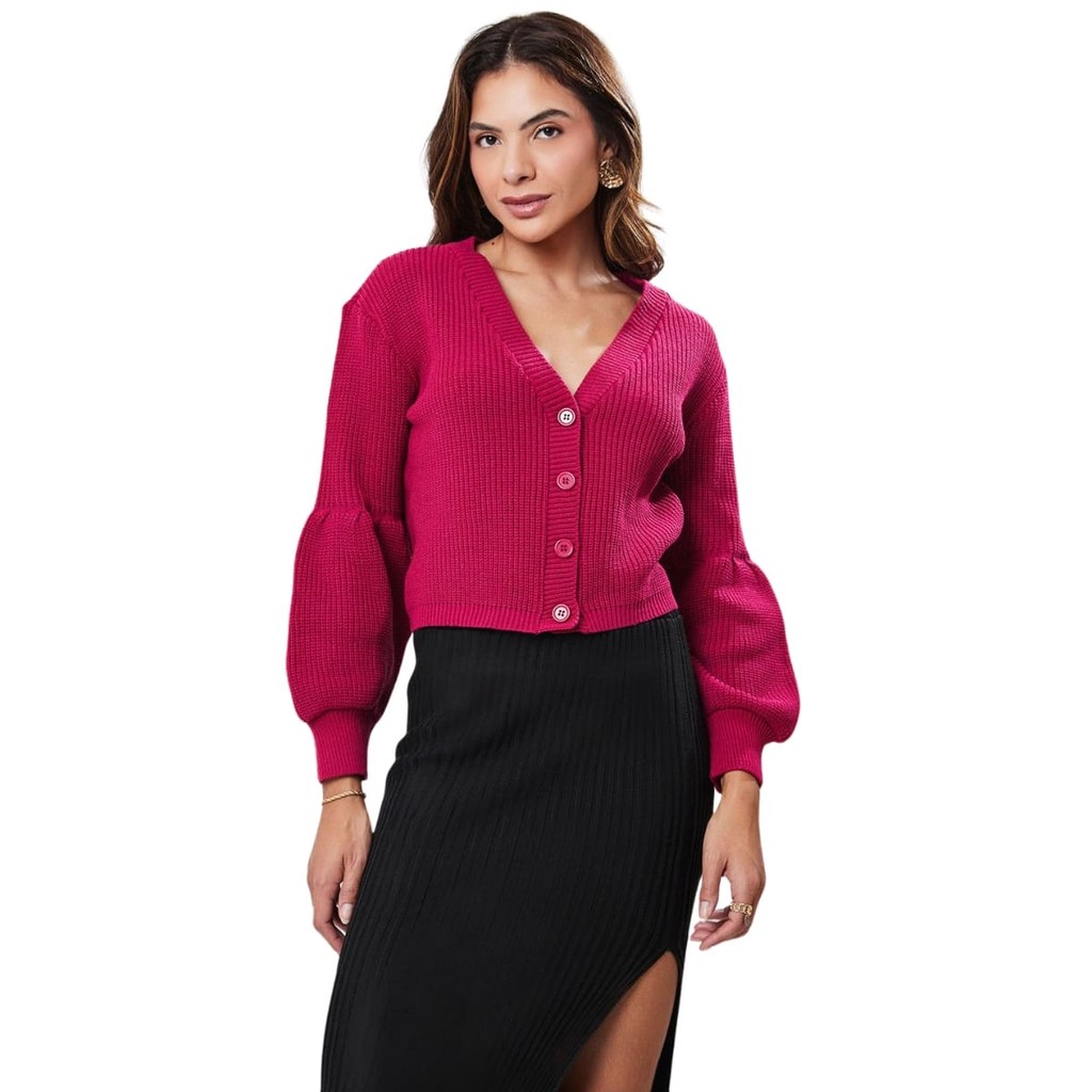 Casaquinho Casaqueto de Tricot Feminino Curto Manga Balão Balonê Fofa Drapeada TR1580