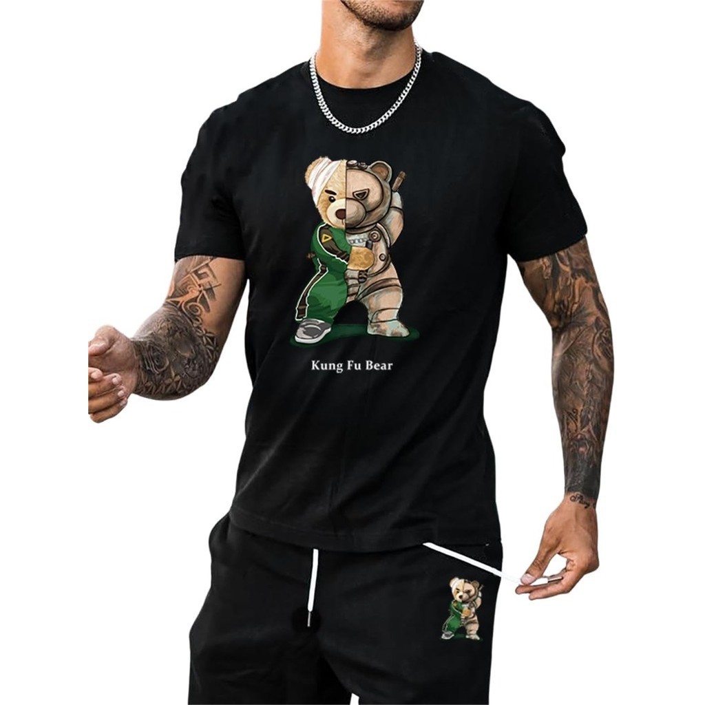 Camiseta masculina gráfica de verão com estampa desenho urso, gola redonda, manga curta, ajuste regular, camiseta casual