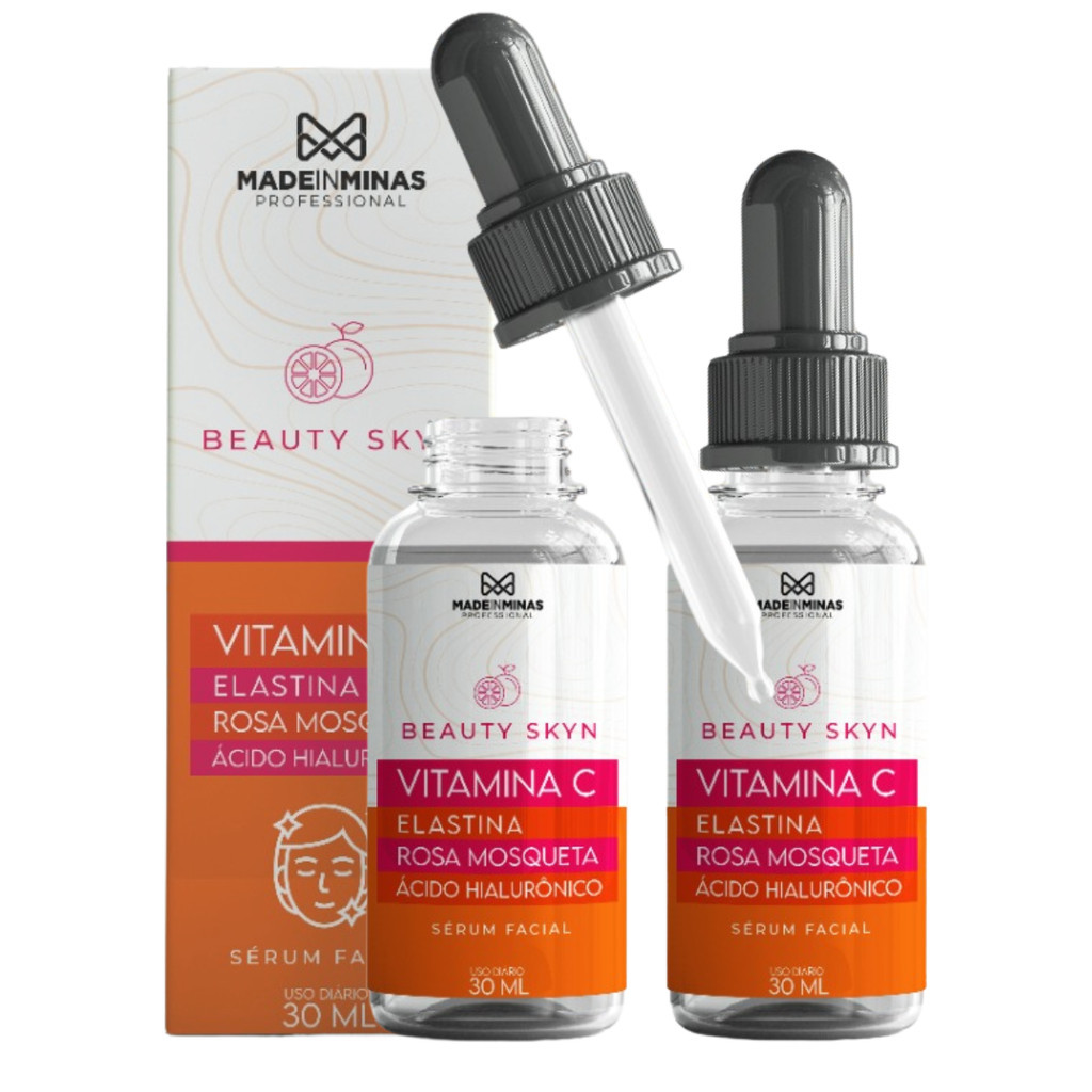 Kit 2 Sérum Facial 4 em 1 Vitamina C + Elastina + Rosa Mosqueta + Ácido Hialurônico Pele Radiante e Saudável Iluminação e Hidratação da Pele