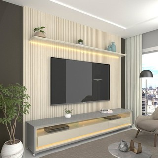 Rack com Painel Impressão Ripada para TV até 75 Polegadas com LED com Rodízios Requinte 220cm 100% MDF Cinza/Off em Oferta na Shopee