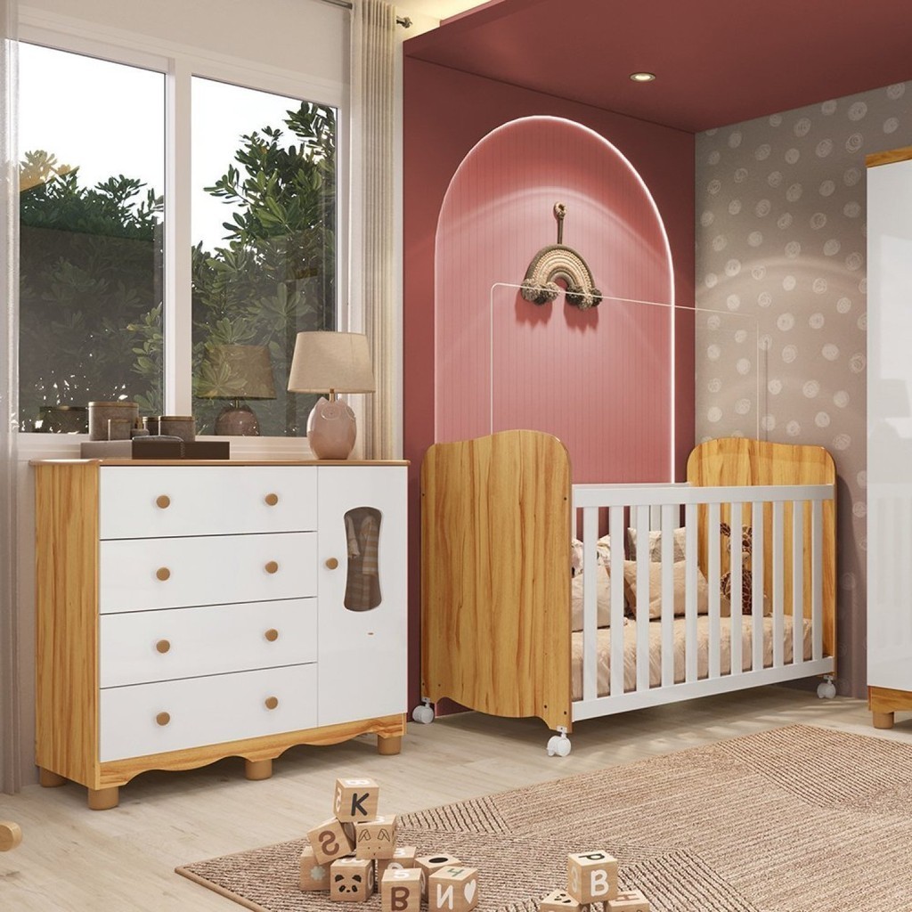 Quarto de Bebê Cômoda com 1 Porta Janelada e Berço com Rodízios 100% Mdf Lana Espresso Móveis Branco